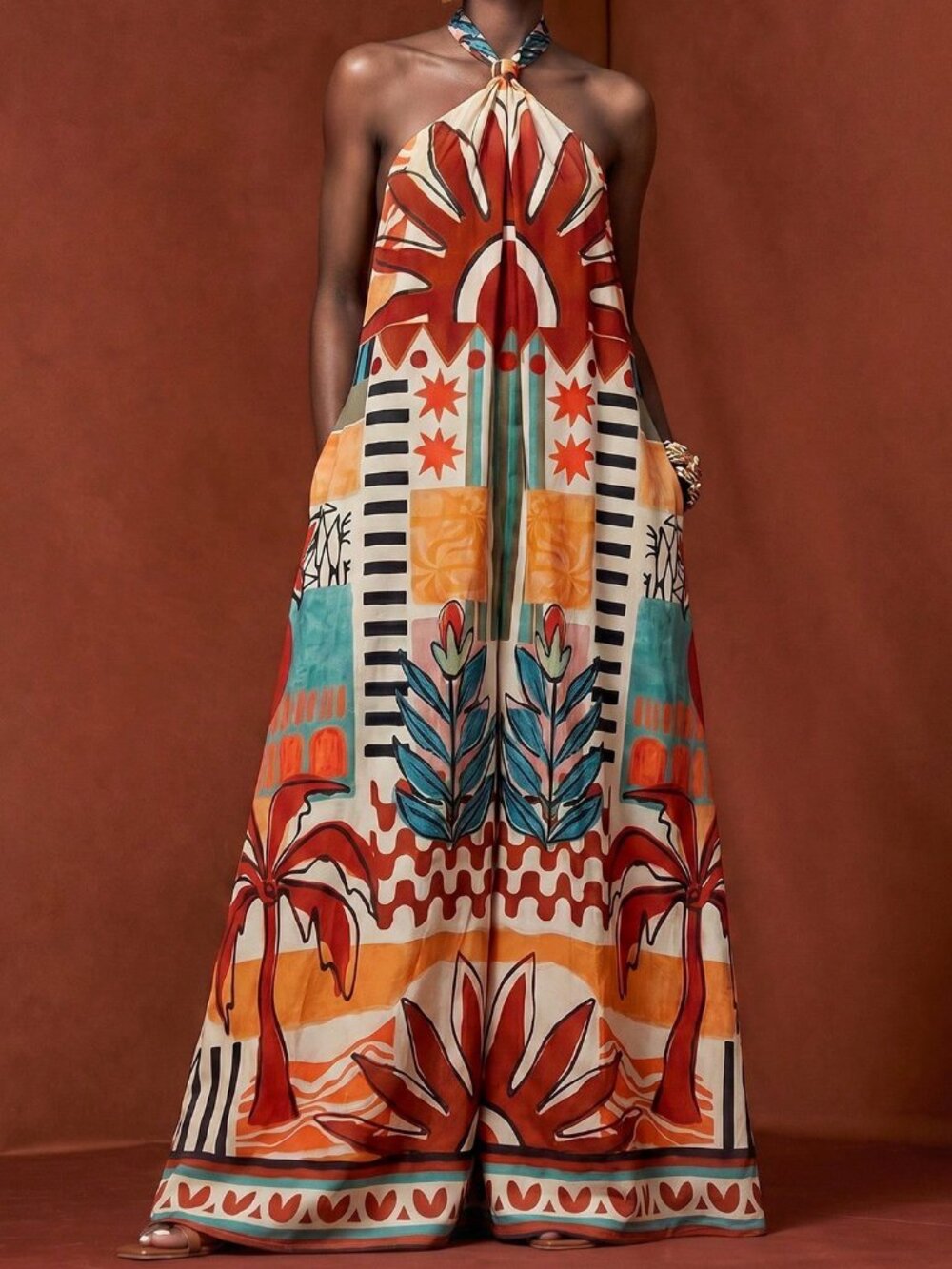 Multicolor Boho Women's Halter Neck Tie Front Open-back Pockets Maxi Dress - Picture 5 of 8